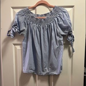 Blue and white striped off the shoulder blouse